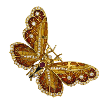 Butterfly Natural Diamond 0.80 CT Red Ruby Enamel Brooch Pin 18K Yellow Gold