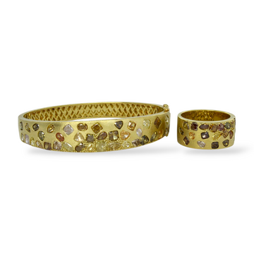 DILAMANI Fancy Natural Diamond Brushed Cigar Band Bangle Set 18K Yellow Gold