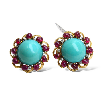 French Turquoise, Ruby & Diamond 18K Yellow Gold Platinum Vintage Earrings
