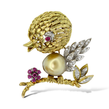 Diamond Canary Bird Ruby Brooch Pearl Pin Yellow & White 14K White Gold