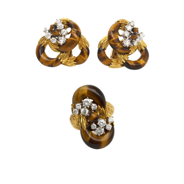 Kutchinsky Tiger Eye Set Diamonds Cocktail Ring Clip On Earrings 18K Yellow Gold