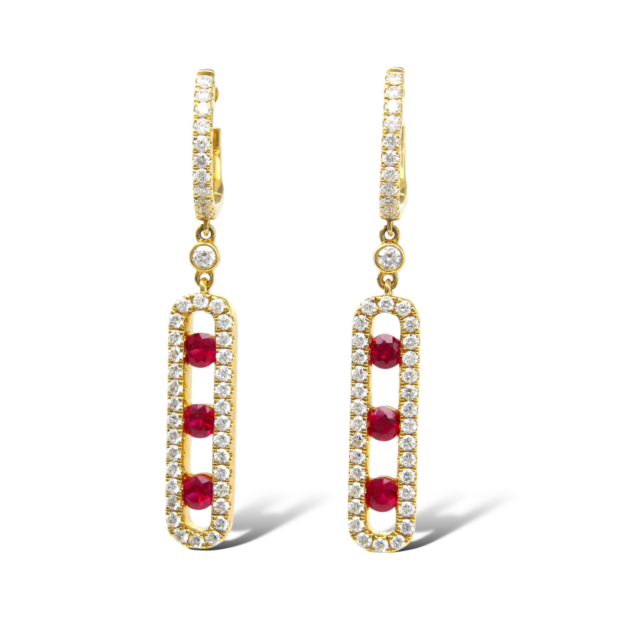 Ruby and 0.90 CT Natural Diamond Drop Earrings Oval Pavè Hoops 14K Yellow Gold
