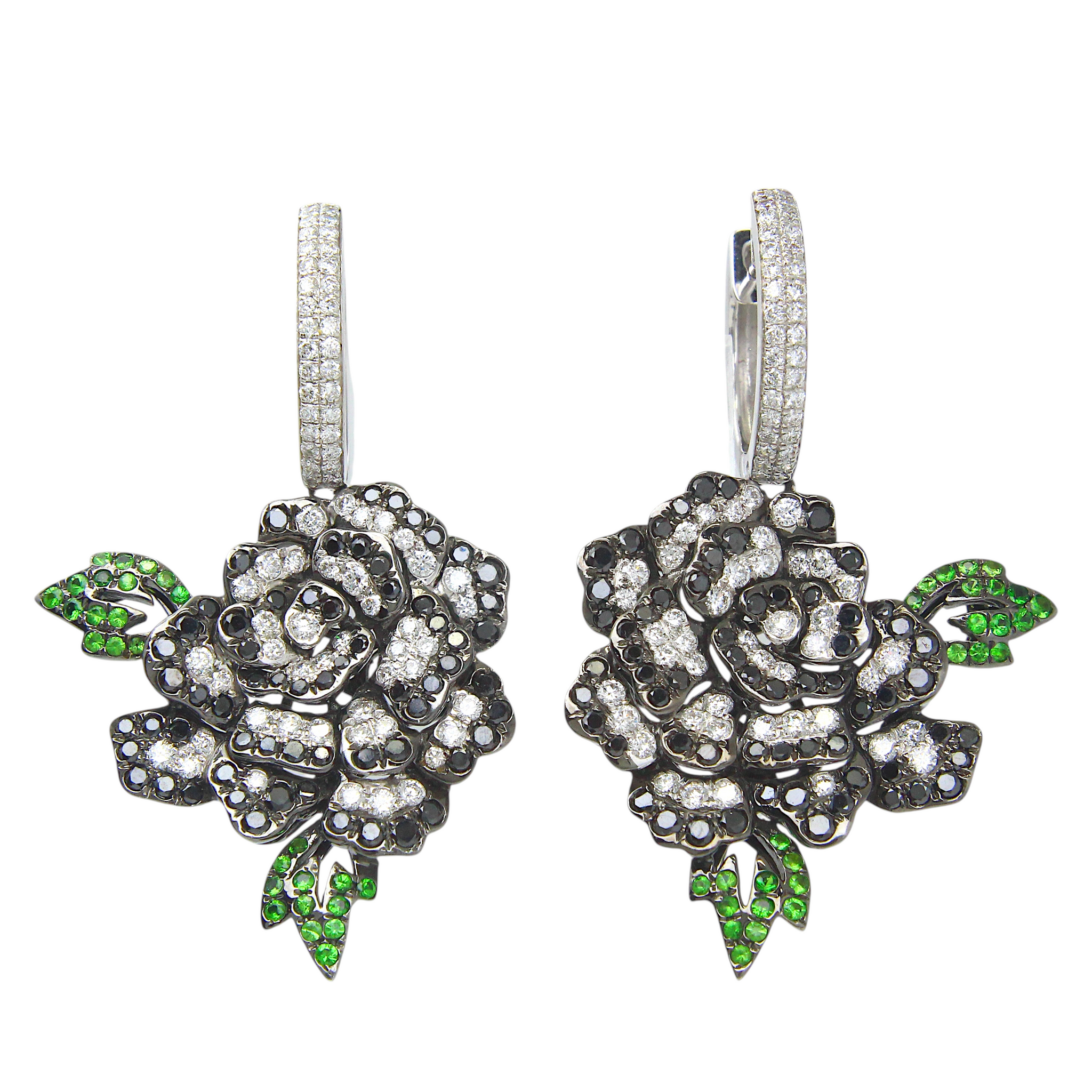 Flower Earrings 1.36 CT White and Black Diamond Tsavorite 18K White Gold