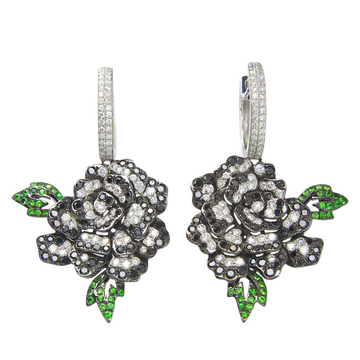 Flower Earrings 1.36 CT White and Black Diamond Tsavorite 18K White Gold