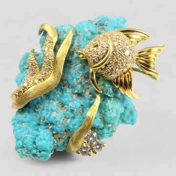 Estate Henry Dunay Turquoise and 2.00 ctw Diamond 18K Yellow Gold Fish Brooch