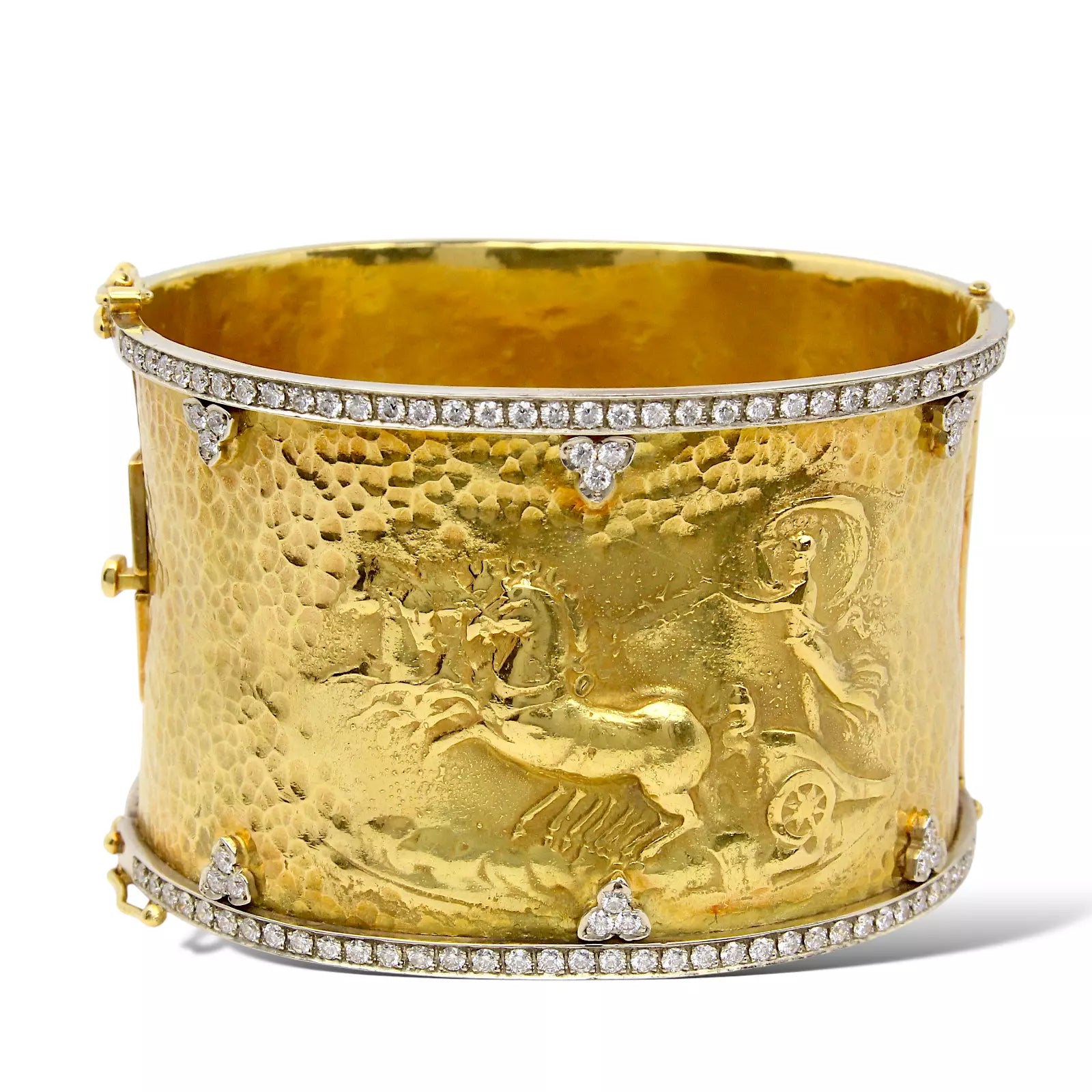 Cuff Bracelet Repousse Horse Chariot Apollo 18K Yellow Gold 1.90 CT Diamond Wide 