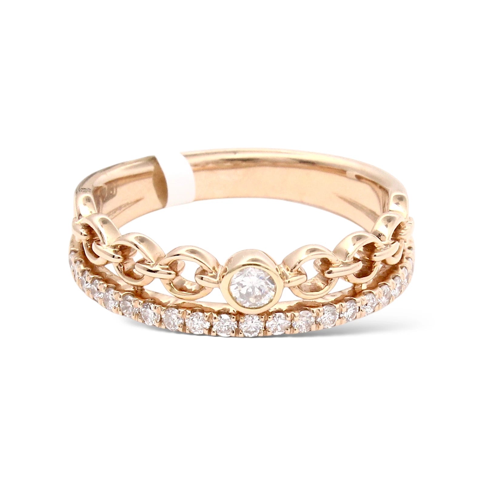 Chain Link Diamond Double Ring 0.32 CT Bezel Center & Pavé Band 14K Rose Gold 