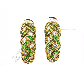 2 CT Diamond & 2 CT Emerald Woven Hoop Earrings 18K Yellow Gold