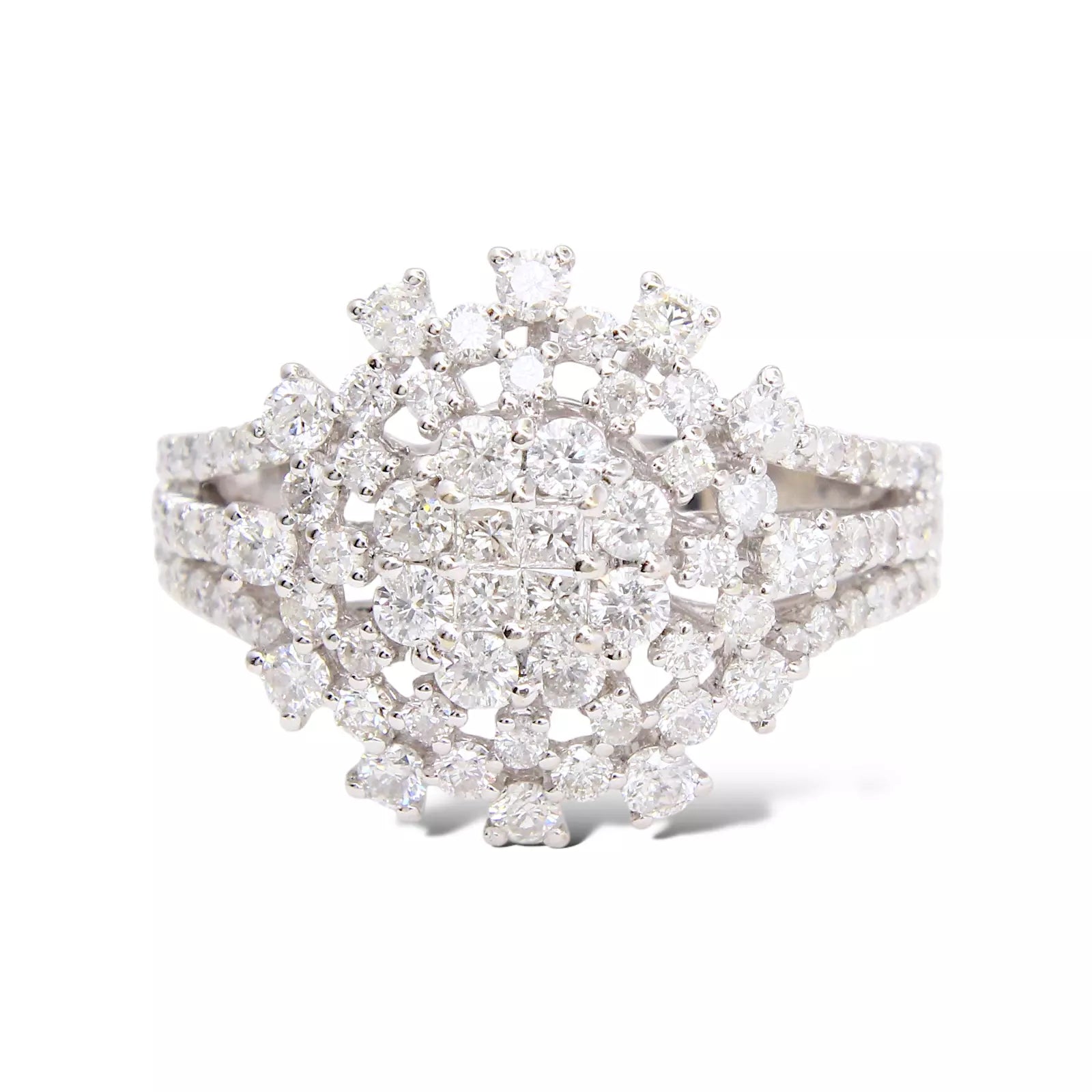 Cluster Diamond Ring 1.46 CT Sparkling Halo Statement Piece 18K White Gold 