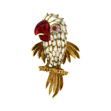 Vintage Enamel Parrot Brooch in 18K Yellow Gold, Ruby Eyes & Natural Diamonds