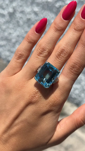 Aquamarine 21.5-22 CT Natural Diamond 1.20-1.40 CT Platinum Ring Size 5