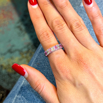 Anniversary 7 Stone Band Sapphire & Diamond Round Cut 14K White Gold Ring