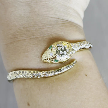 Snake Bangle 18K Yellow Gold Hinge 1.5CT Diamonds Green Emerald Eyes Bracelet