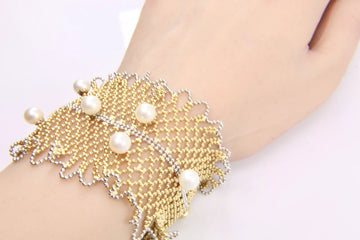 WIDE 18k Yellow Gold and White Gold Pearl Cuff Mesh Bead Bracelet