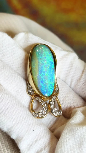 Boulder Opal Vintage Pendant and Natural White Diamonds 0.90 CT 14K Yellow Gold