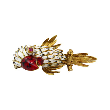 Vintage Enamel Parrot Brooch in 18K Yellow Gold, Ruby Eyes & Natural Diamonds