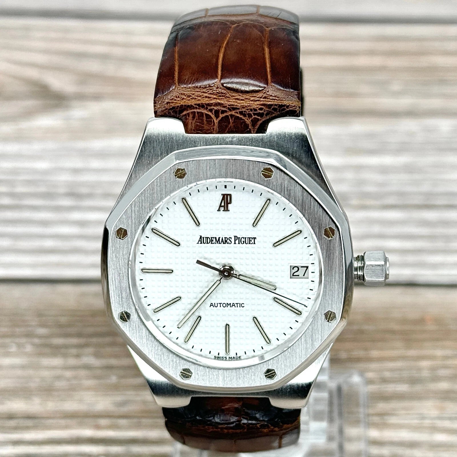 Audemars Piguet Royal Oak 36mm Vintage Steel Date White Waffle Dial Leather Band 