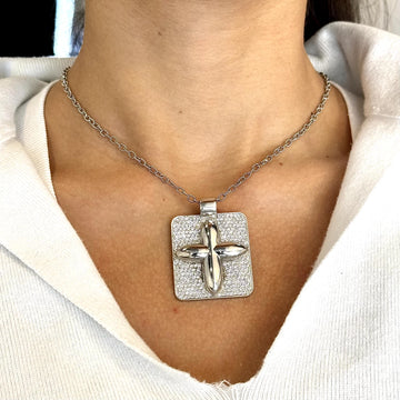 Estate Large Cross Natural Diamonds 3 CT 14K White Gold Necklace