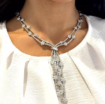 20.00 CT Diamond Two Row Floral Line Drop Necklace 18K White Gold Natural