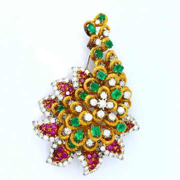 Vintage 15.9ct 18K Gold Brooch Natural Diamonds, Ruby and Emerald Gemstone 67.8g