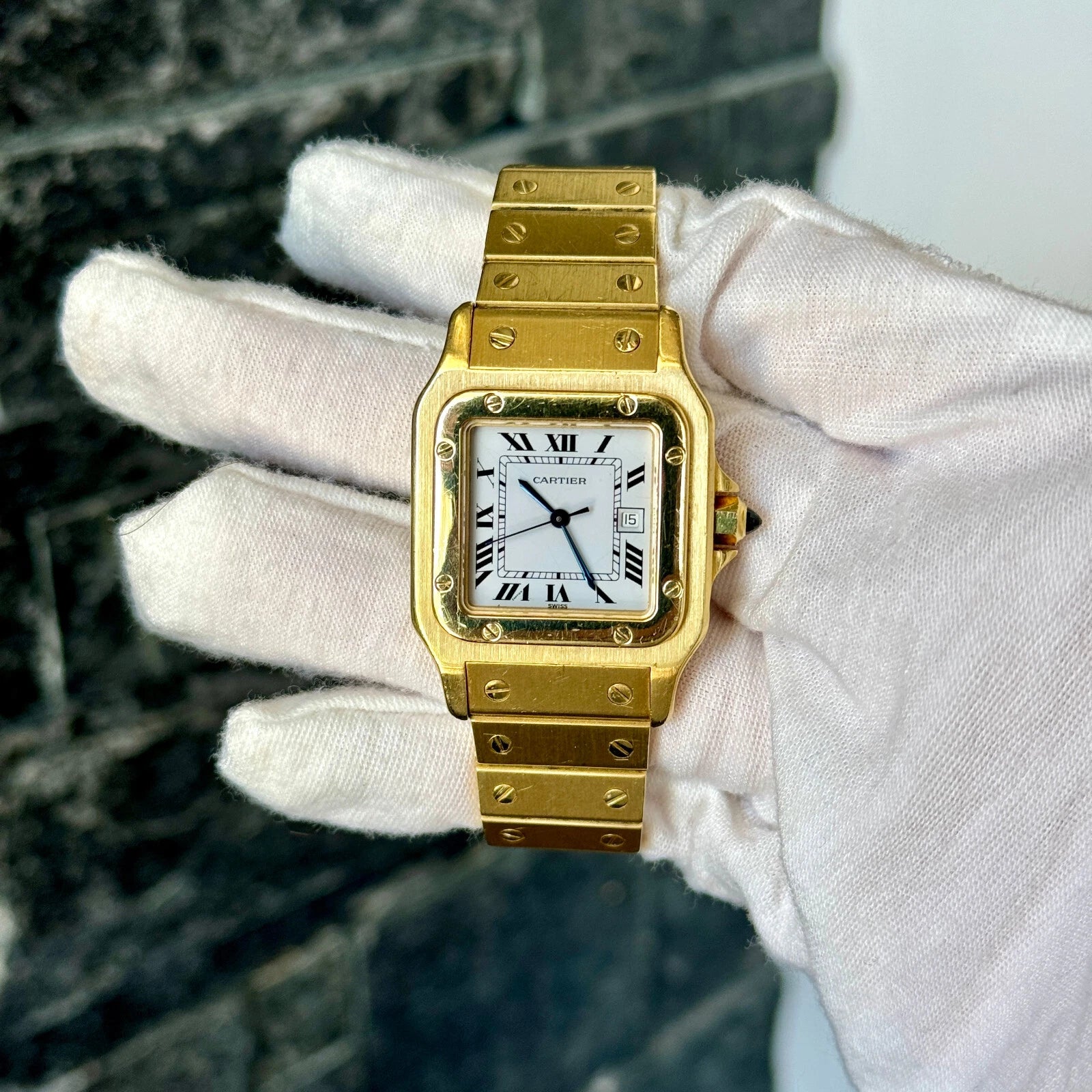 Cartier Santos Caree Or Massif 18k Yellow Gold Watch Automatic White Dial 29mm 