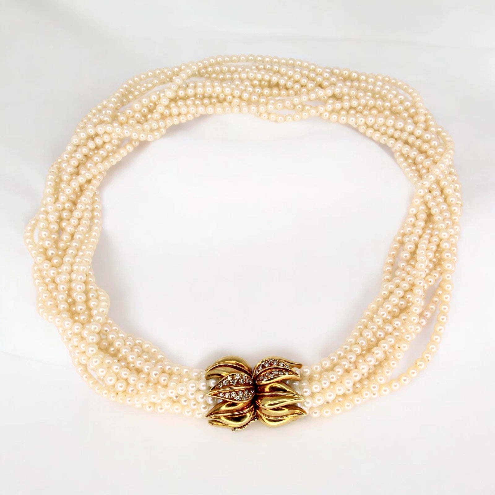Multi-Strand Seed Pearl Choker Diamond Necklace 15 Inches 18K Yellow Gold 