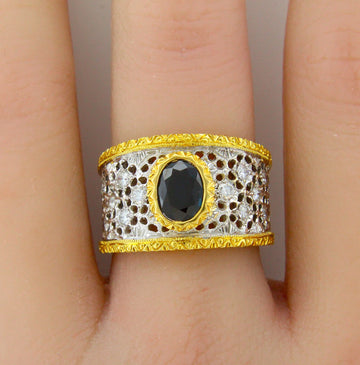 Italian Blue Sapphire and Diamonds 18K Yellow Gold and White Gold Ring Two Tone