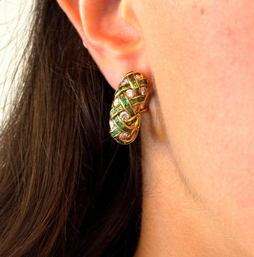 2 CT Diamond & 2 CT Emerald Woven Hoop Earrings 18K Yellow Gold
