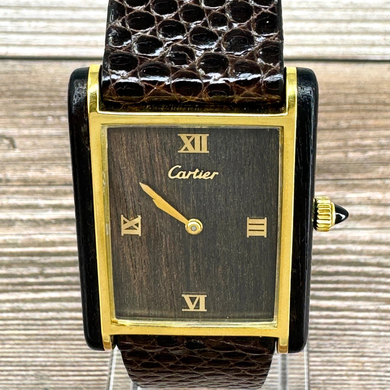 Cartier Tank Palissandre Jumbo Rosewood Dial Manual Wind Wood Wristwatch 1975 