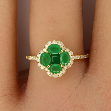0.80 CT Emerald and 0.24 CT Natural Diamond Clover Ring 14K Yellow Gold Size 6