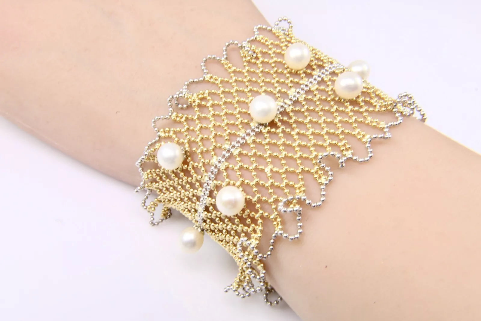 WIDE 18k Yellow Gold and White Gold Pearl Cuff Mesh Bead Bracelet 