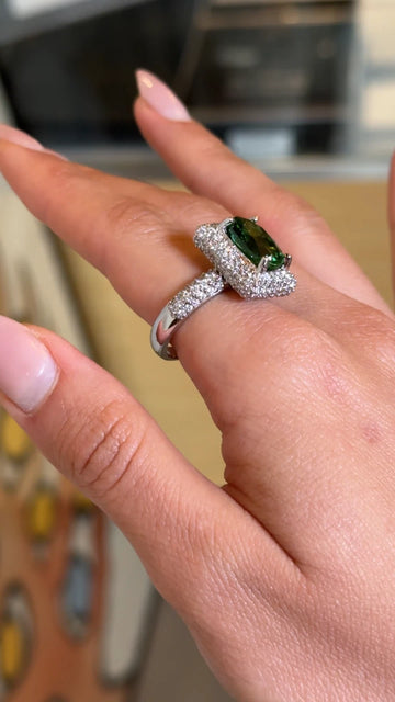 5.75 CT Oval Green Tourmaline and Diamond 18K White Gold Ring