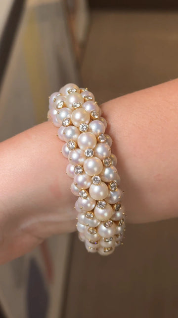 VAN CLEEF & ARPELS Vintage 18K Cultured Pearl and Diamond Cluster Bracelet