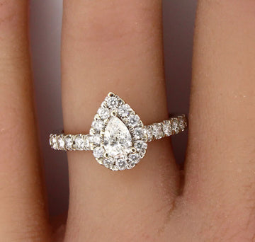 1 CTW Pear Cut Natural Diamond Engagement 14K Halo Round Brilliant Ring
