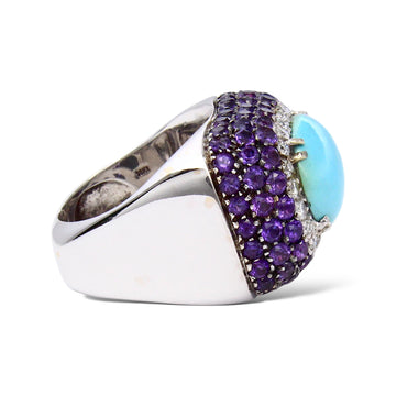 Turquoise, Diamond 0.14 CT & Amethyst Cocktail Ring 18K White Gold Size 7