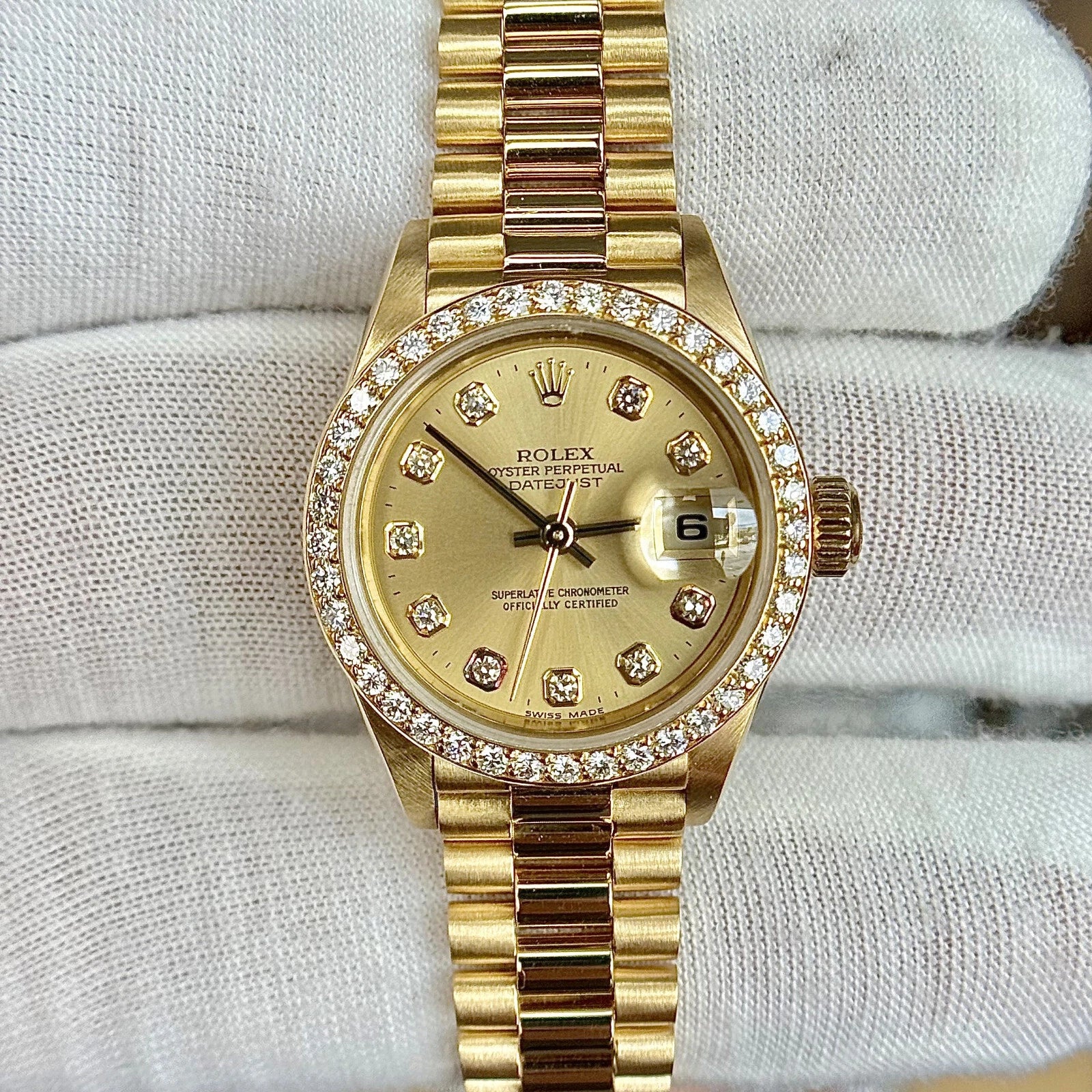 Rolex Lady-Datejust 26mm President 18K Yellow Gold Diamond Bezel Champagne Dial 