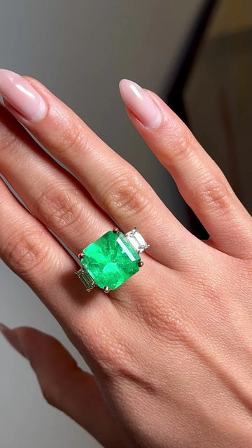 14.49 CT Green Emerald Colombian GIA Certified Diamond Ring 18K White Gold