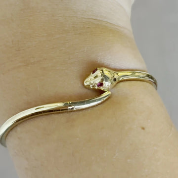 Snake Bangle 18K Yellow Gold Hinge Ruby Eyes Bracelet