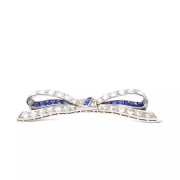6.70 CT Diamond and Blue Sapphire Bow Brooch Vintage Art Deco Style Pin Platinum