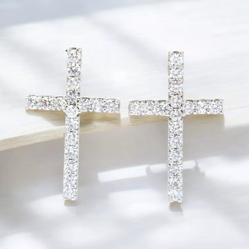 Tall Cross Earrings Natural Diamonds 2.55 CT 14K White Gold 1.26