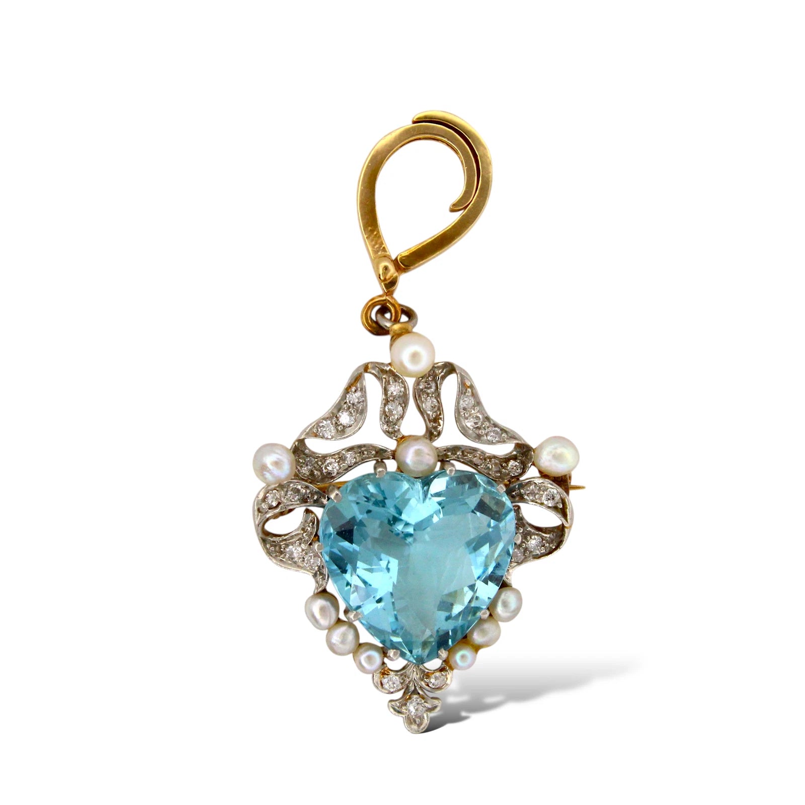 Edwardian Aquamarine Heart Diamond Pearl Pendant Pin 14K Yellow Gold & Platinum 
