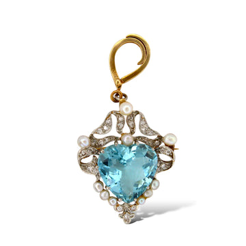 Edwardian Aquamarine Heart Diamond Pearl Pendant Pin 14K Yellow Gold & Platinum 