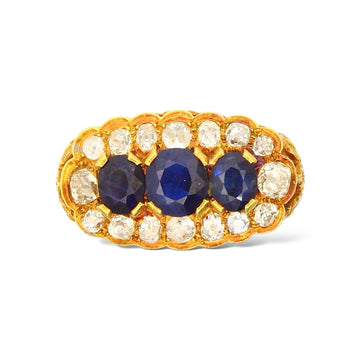 Antique Sapphire GIA CERTIFIED 18K Yellow Gold Ring Natural Old Mine Diamonds 