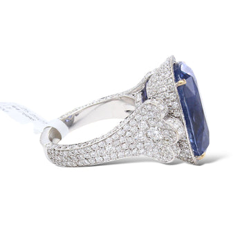 25.25 CT No Heat Blue Sapphire and Diamond Ring 18K White Gold GIA Certified