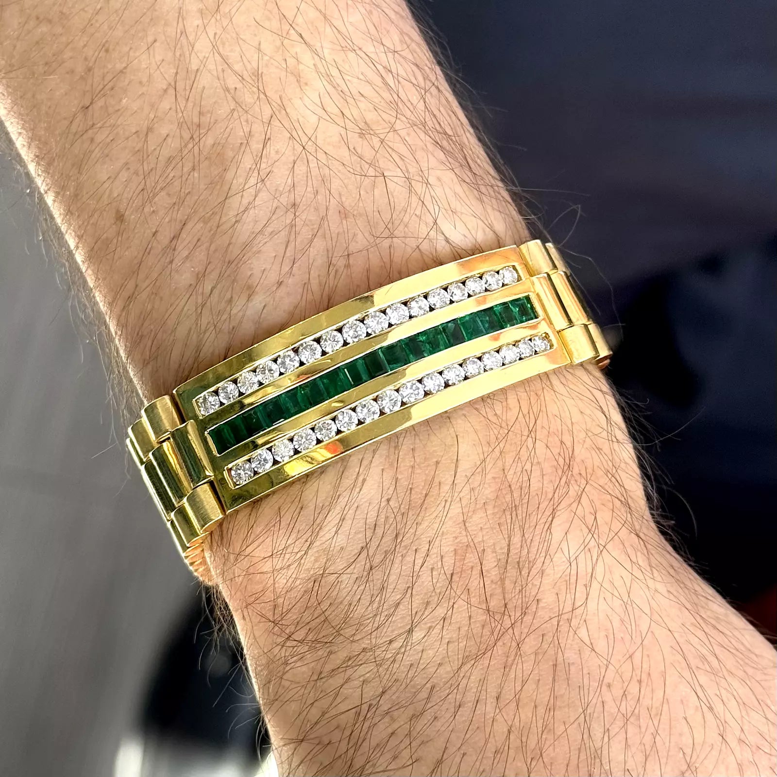 Rolex Presidential Style 18K Yellow Gold Diamond 3.90 CT Gold Emerald Bracelet 