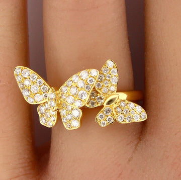 0.85 CT Natural Diamond Two Butterflies Nature 18K Yellow Gold Ring Size 6