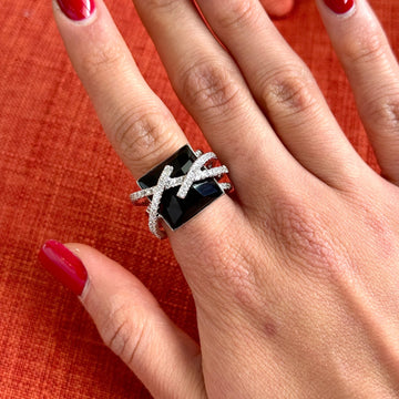 Black Onyx Natural Diamond Crossover Swirly Ring 18K White Gold Size 7