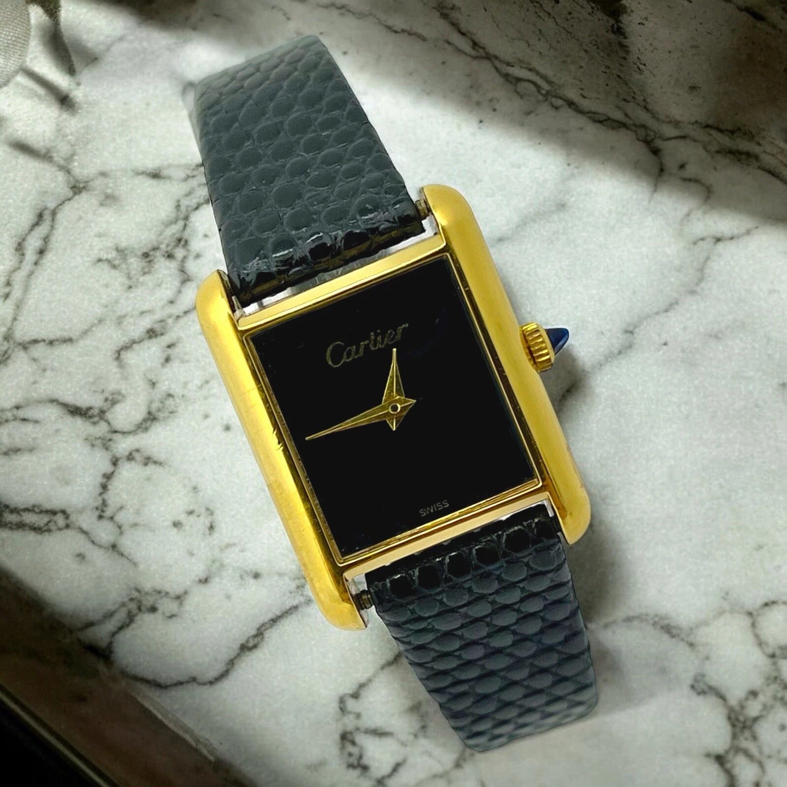 Cartier Tank Vermeil 21 x 28 Vintage Black Manual Electroplated 18k Yellow Gold 