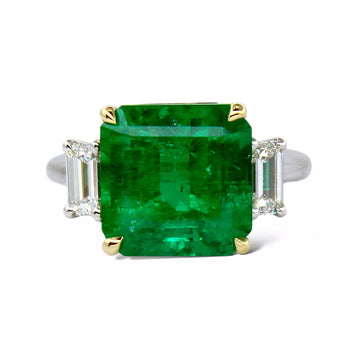 Green Emerald Colombian 7.34 CT and Diamond Ring 18K White Gold AGL Certified