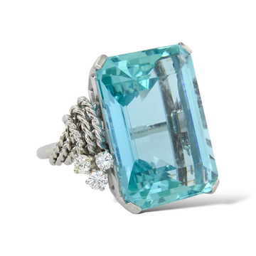 Antique 30 CT Natural Aquamarine and Diamond Platinum Cocktail Ring Size 6.5